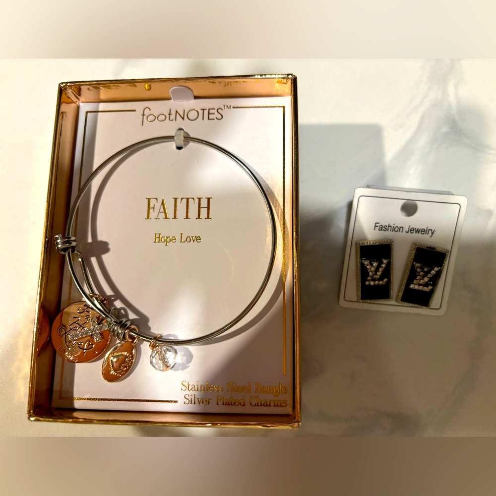 Footnotes- Faith,Hope,love stainless steel bangle -fashion earrings.
